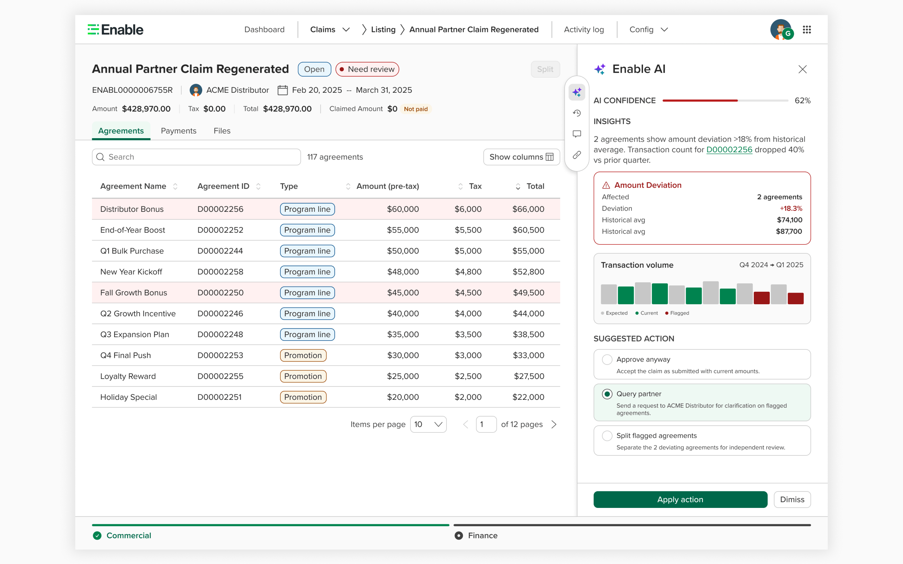 Claim detail page with AI insight panel — anomaly detection and suggested actions