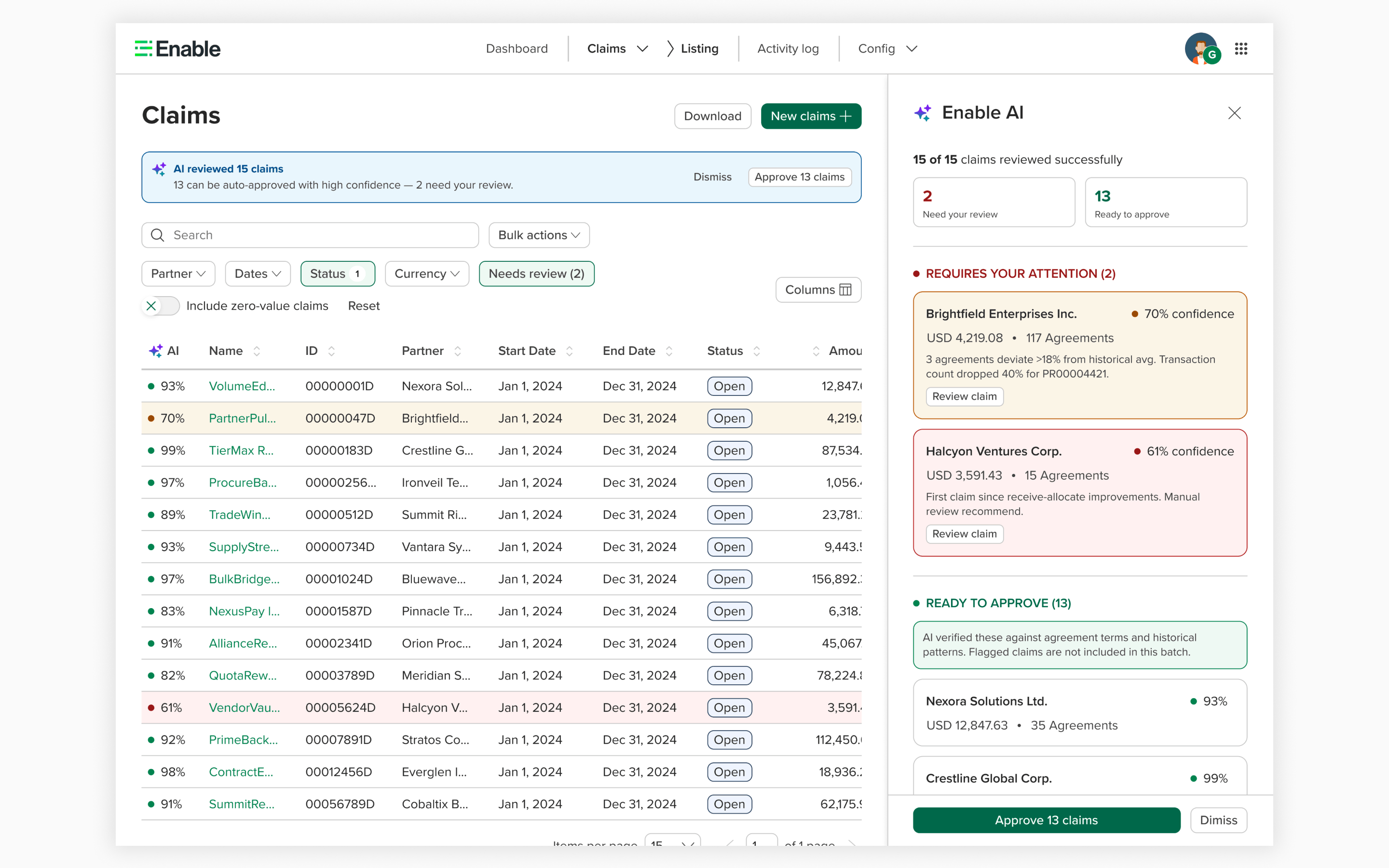 Claims listing with AI triage bar — showing auto-approved vs. needs review breakdown