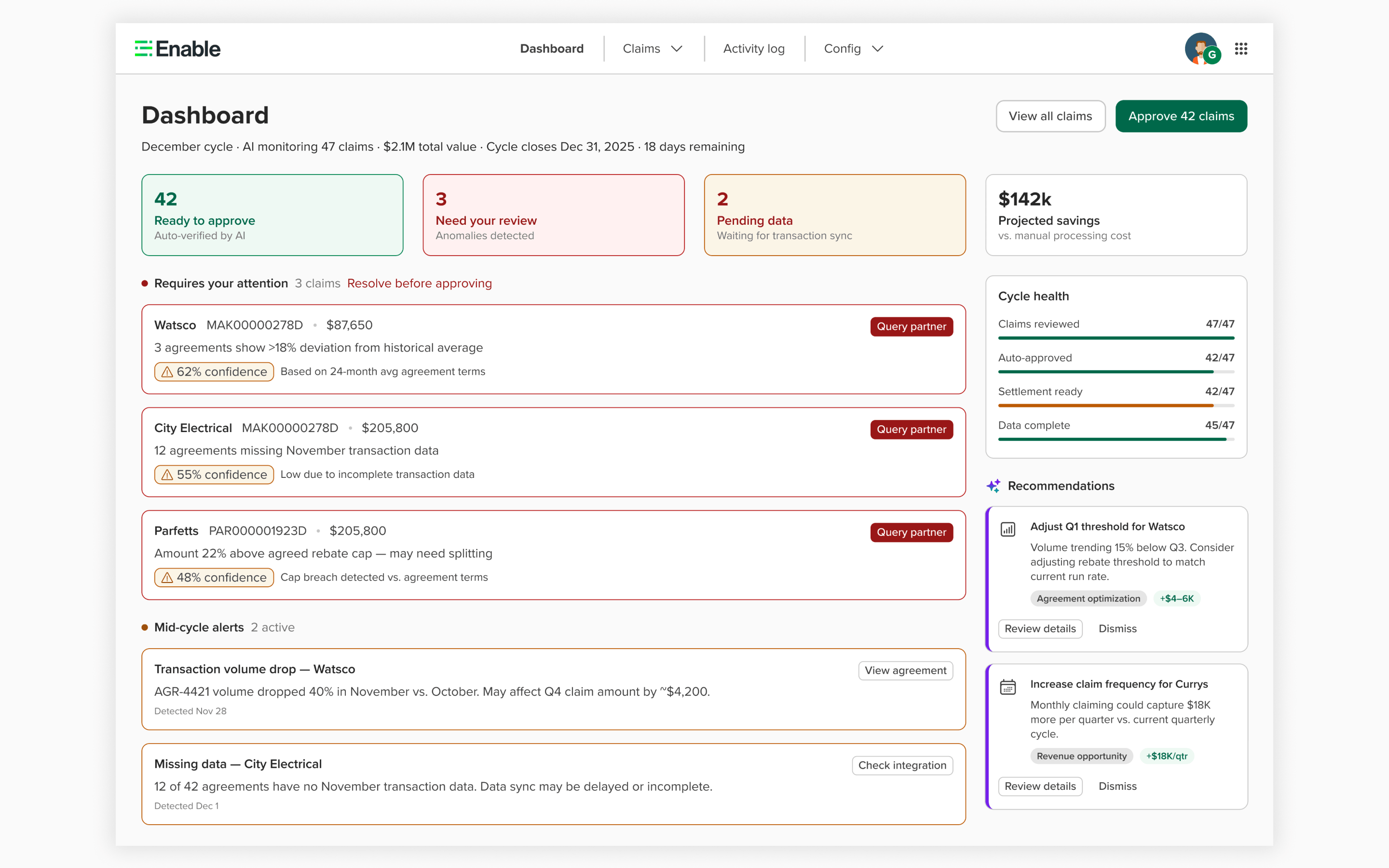 Claims Dashboard — AI-native rebate operations command center