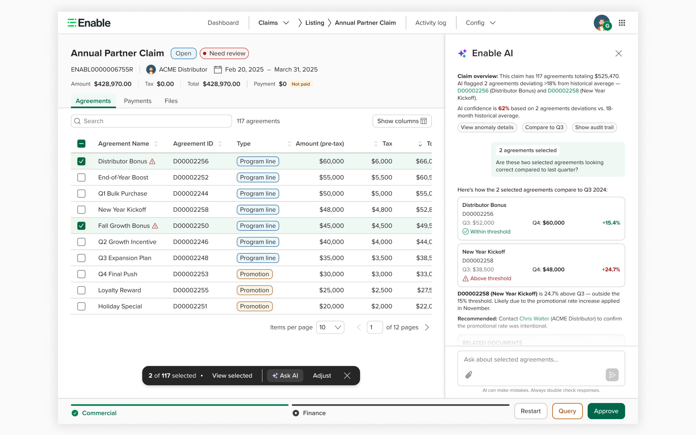 AI-assisted claim detail — contextual conversation with agreement comparison and document surfacing