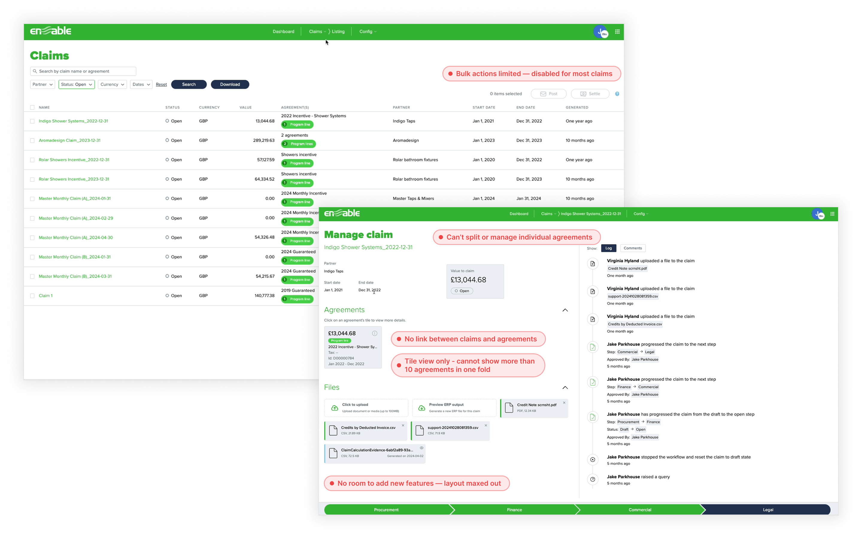 Claims interface before redesign — cramped layout, no scalability