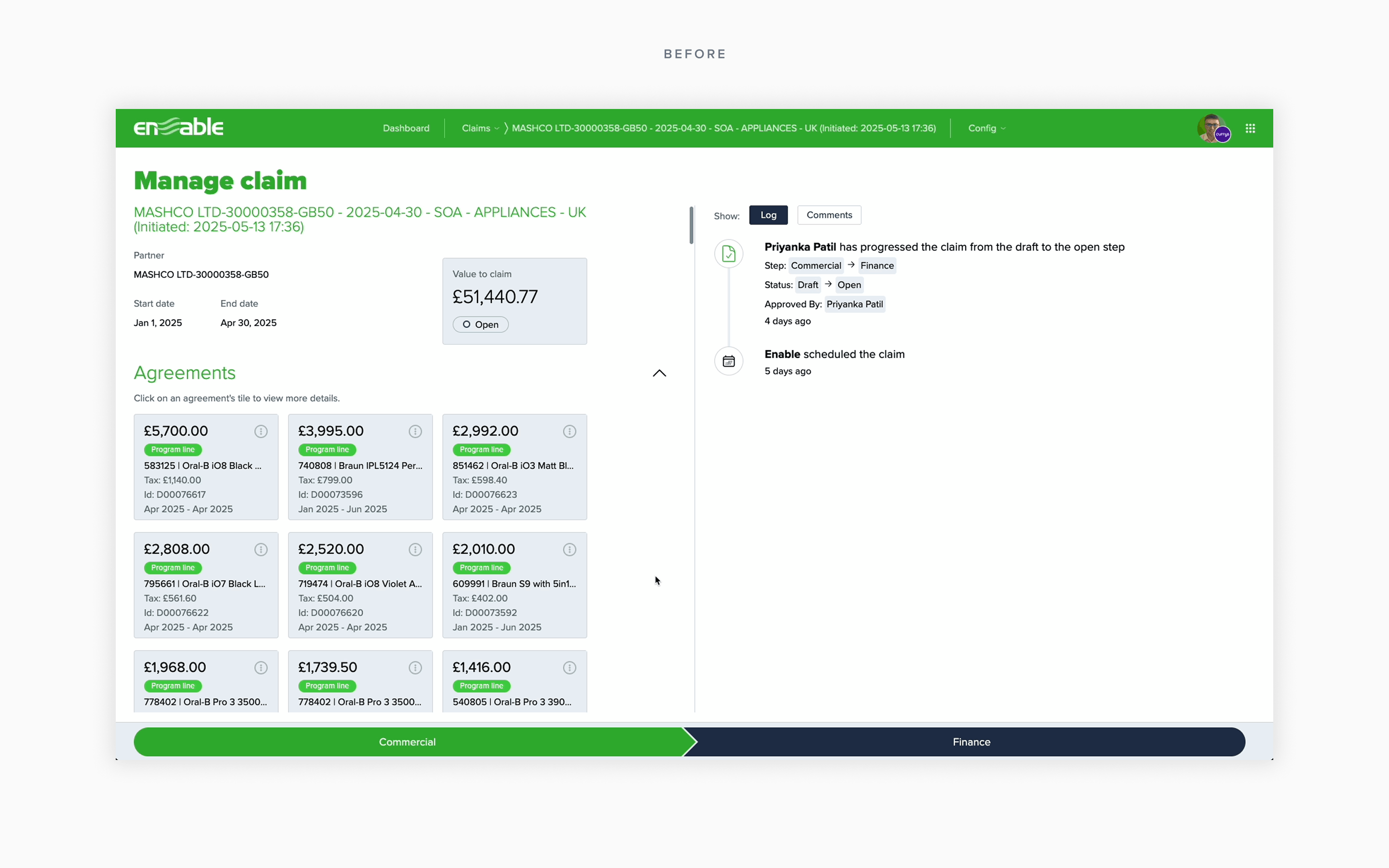 Claim detail page — before redesign