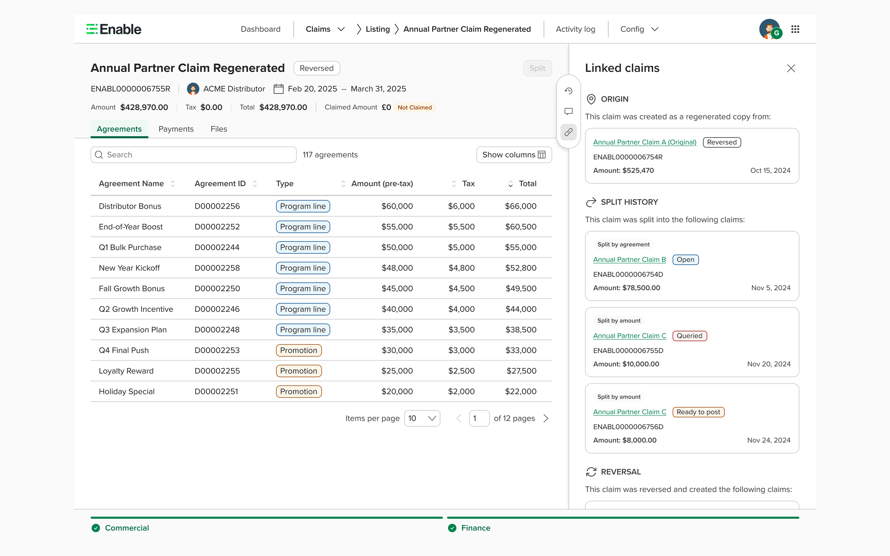 Linked claims — relationship view showing split origins and reversals