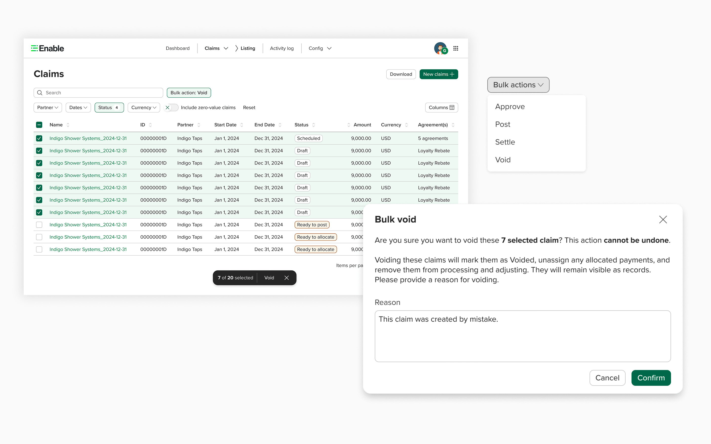Claims listing redesign with bulk action toolbar