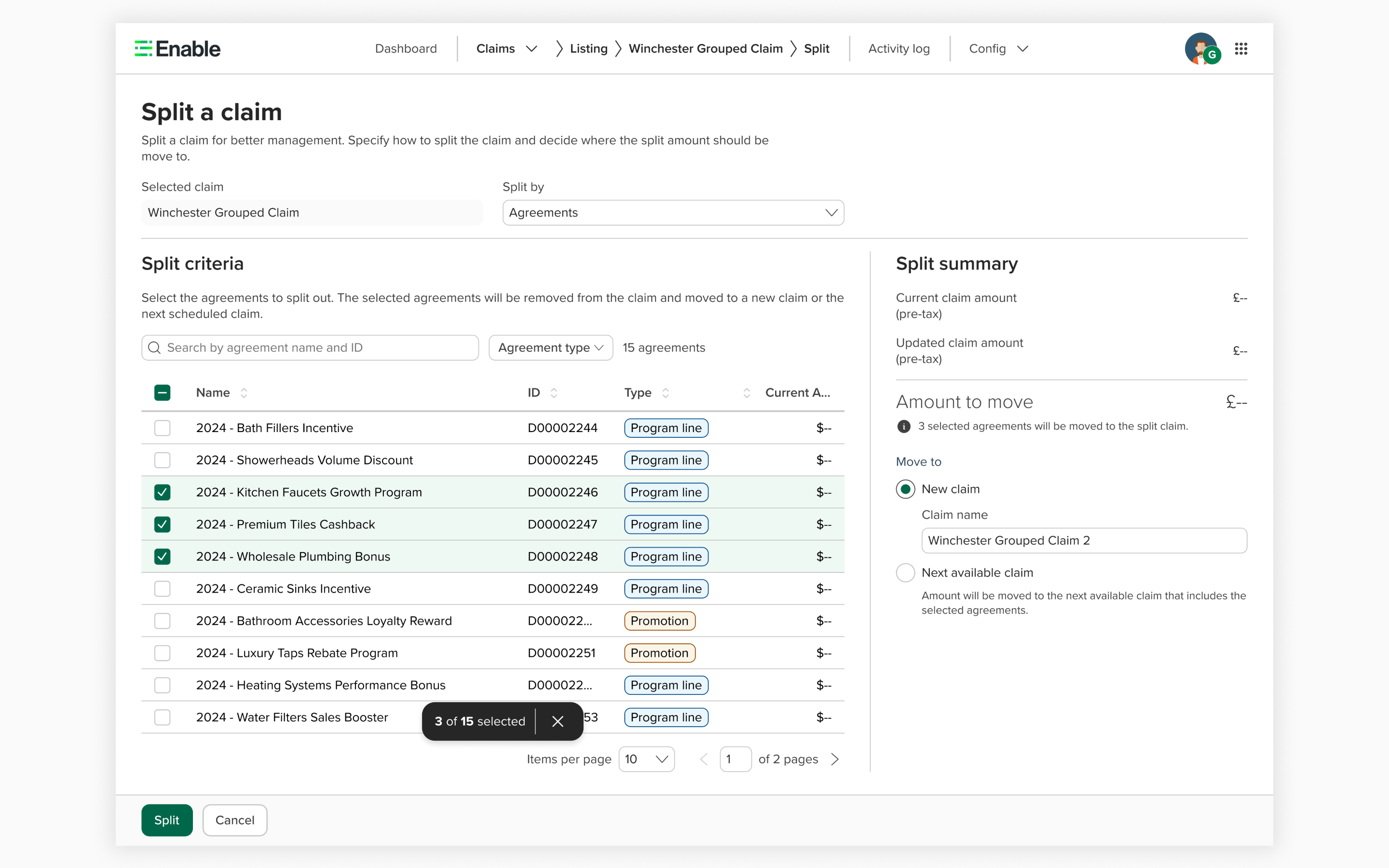 Split by agreement — selecting agreements to move