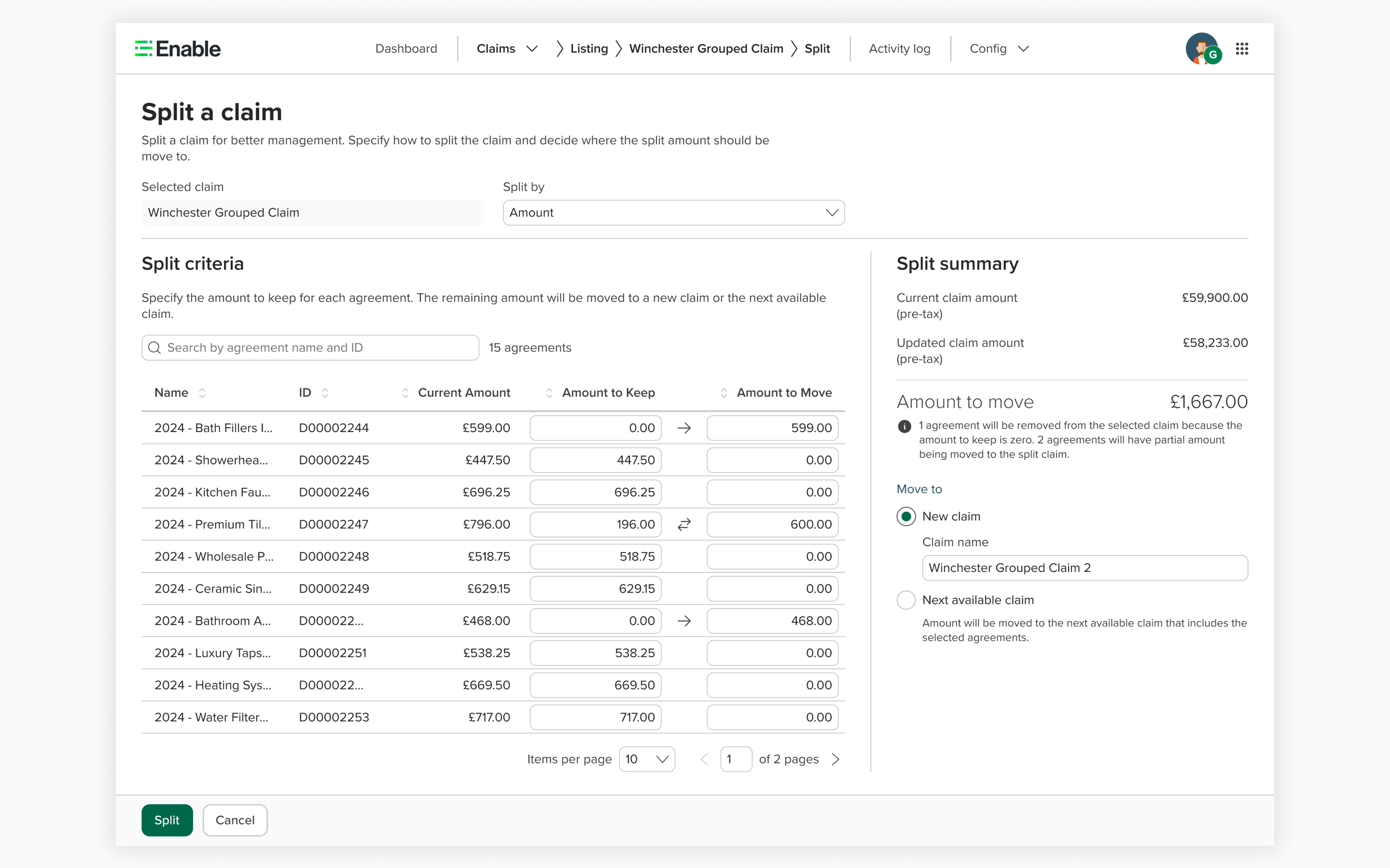 Split by amount — adjusting claim amounts