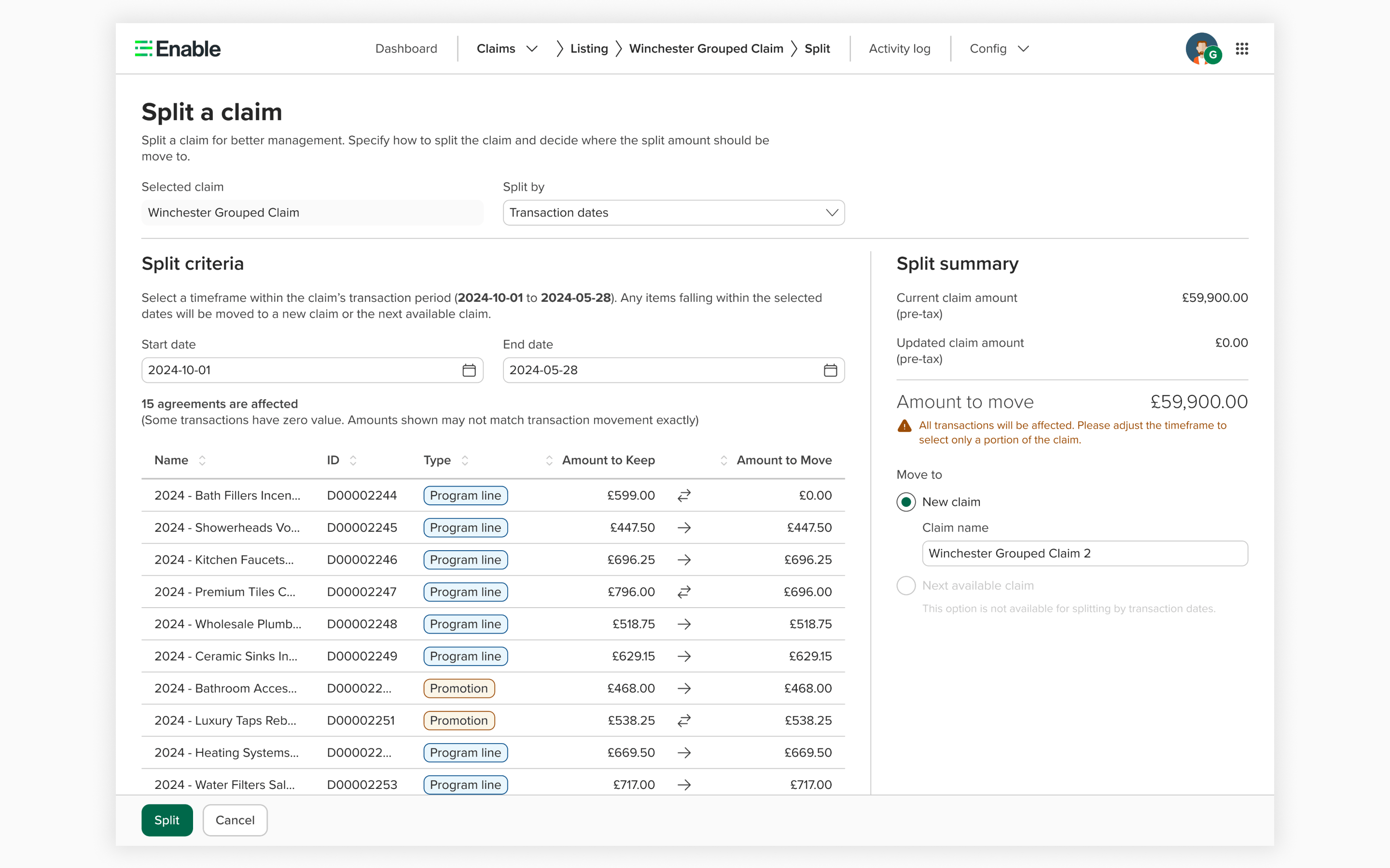Split by transaction date — date-based splitting