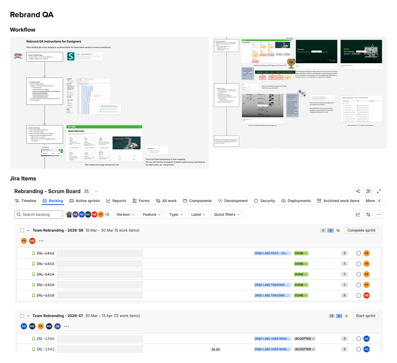 Rebrand QA process — Figma instructions and Jira sprint tracking