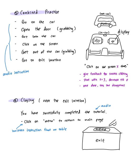 VR interaction sketches — combined practice and closing flow
